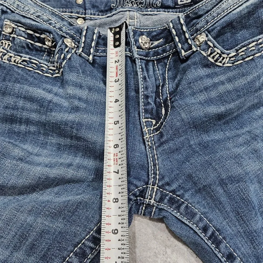 Miss Me Low Rise Distressed Denim Straight Jeans 28 Studded Flap Pockets Bling - Picture 6 of 12